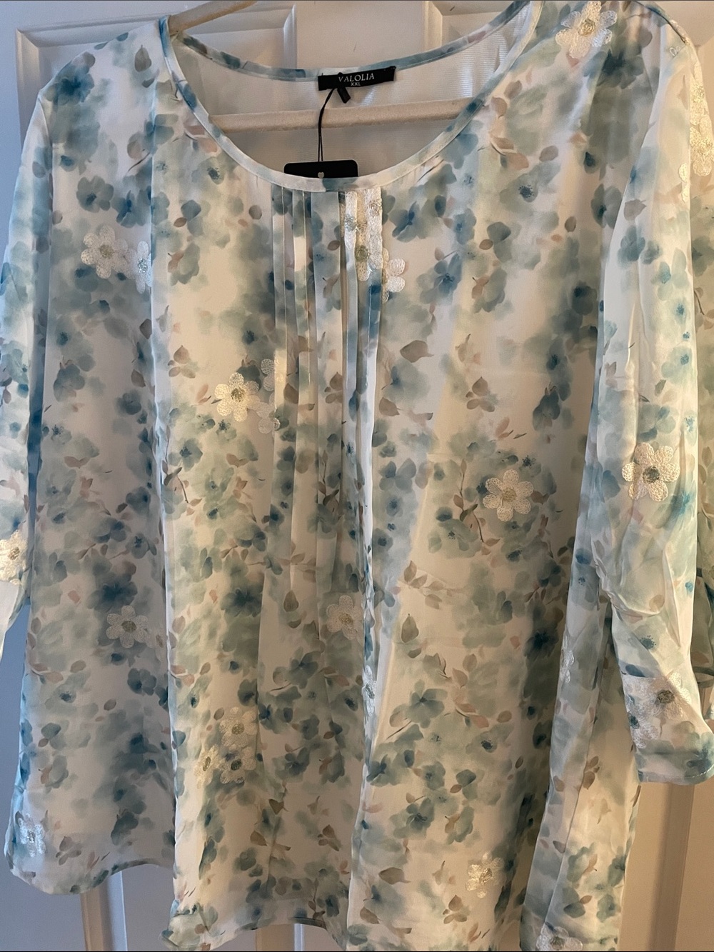 Valoia Floral Sheer Blouse in Seafoam Blue & Cream